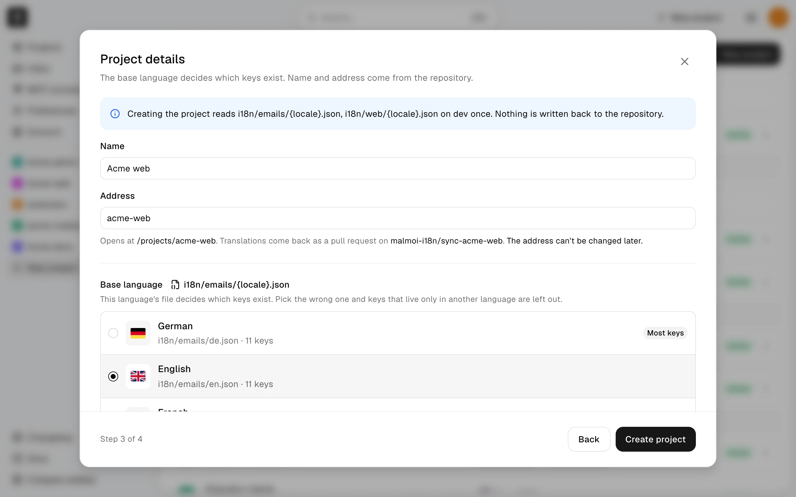 Step 3 of 4 with the project name and address filled in and English chosen as a source's base language