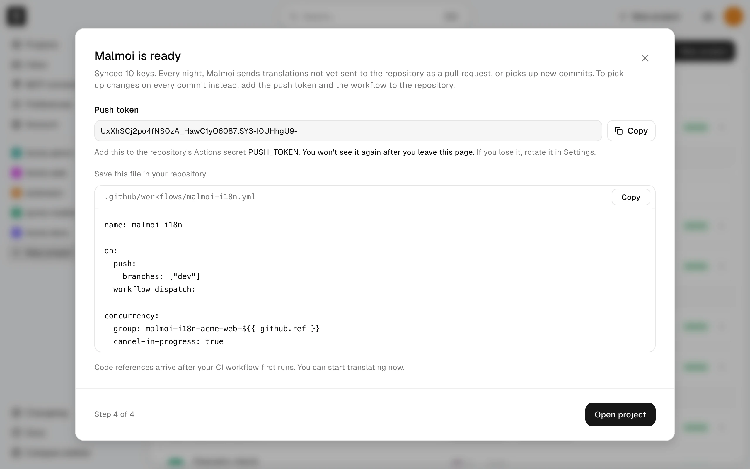 Step 4 of 4, Malmoi is ready, with the push token, its Copy button, and the workflow file to save in the repository