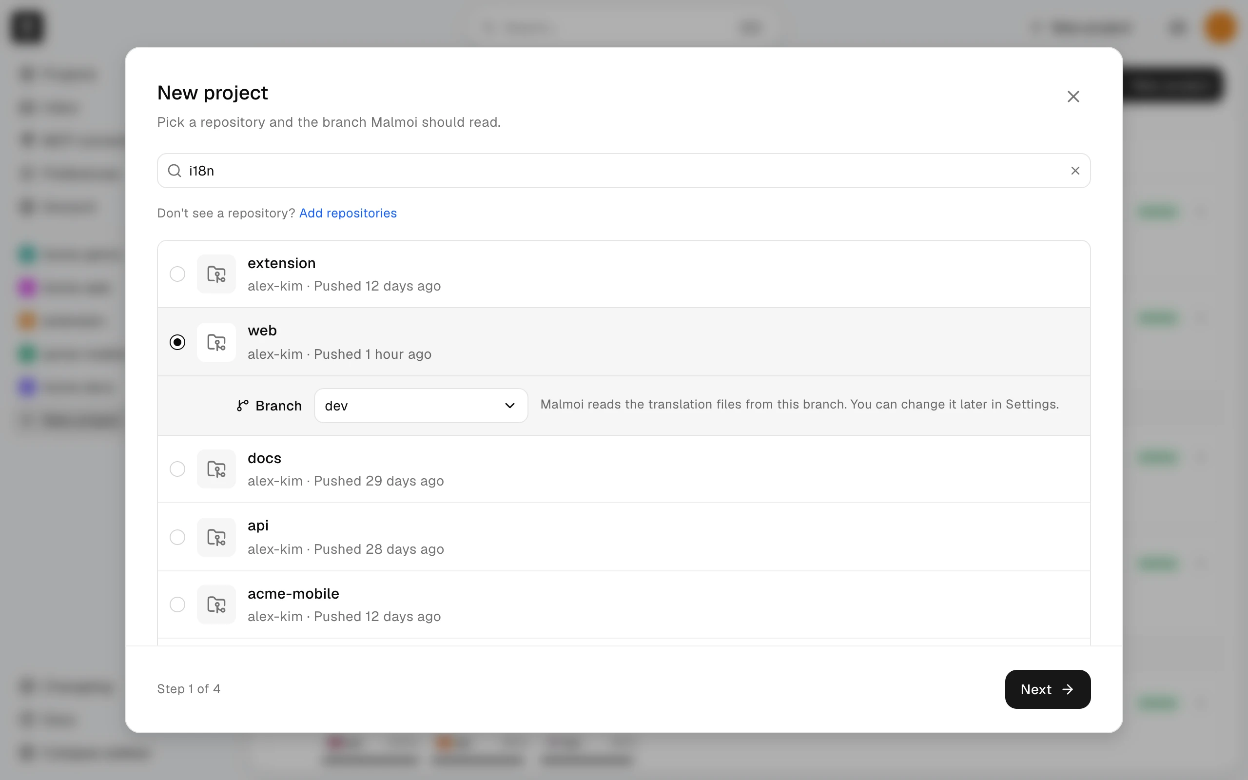 Step 1 of 4 of New project with a repository selected in the list and dev chosen as its branch