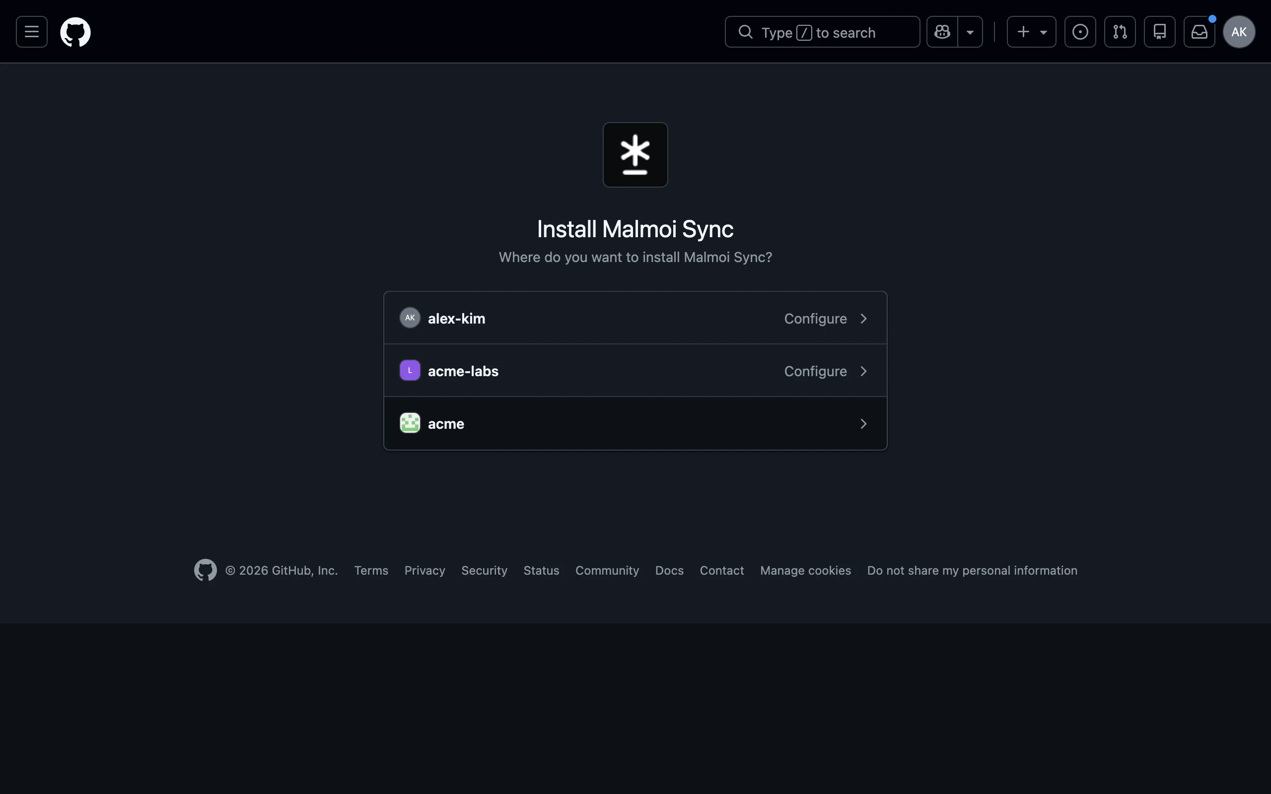 GitHub asking where to install the Malmoi Sync app, with the personal account and one organization already configured and another organization to choose