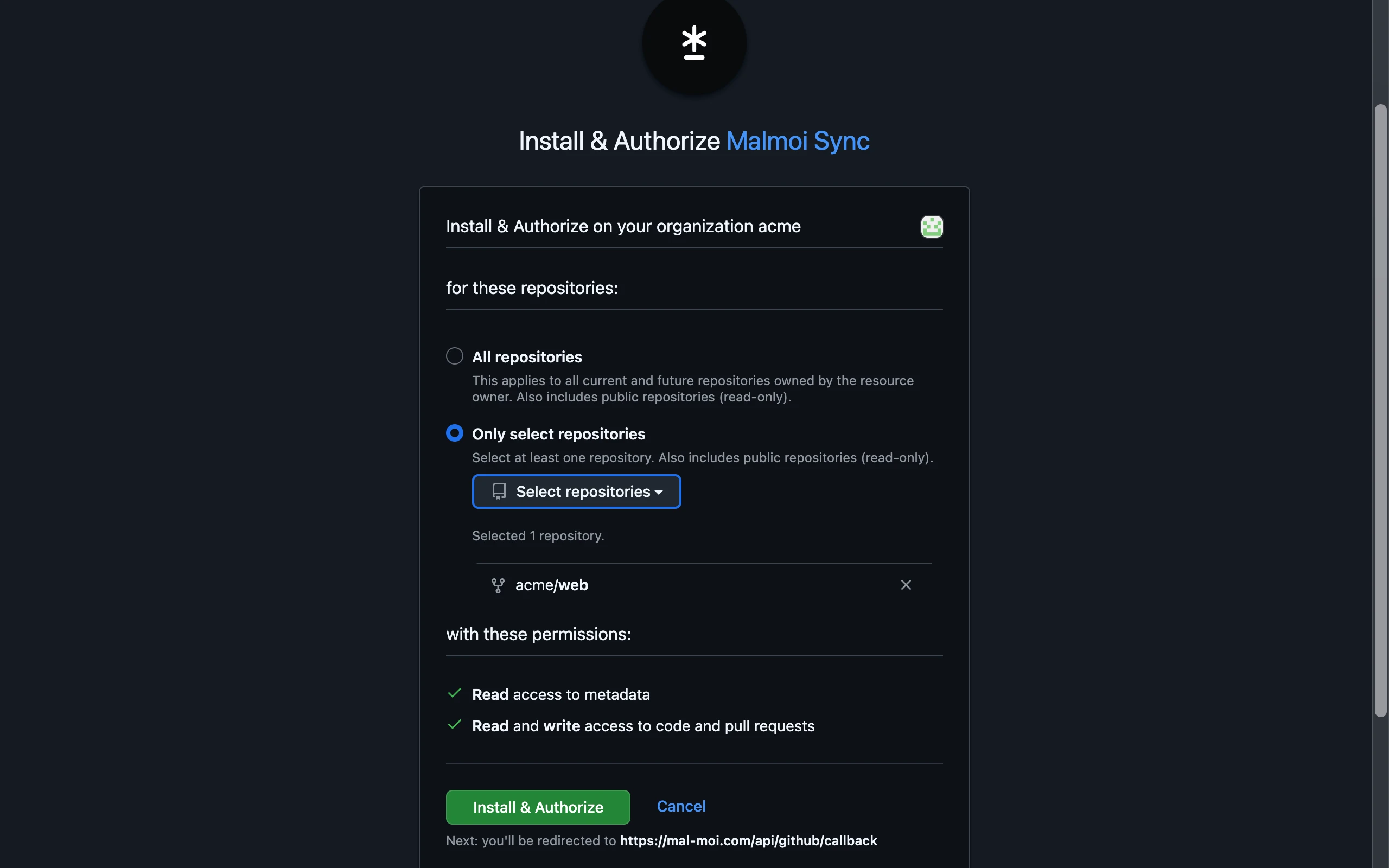 GitHub's Install & Authorize page with Only select repositories chosen and one repository selected