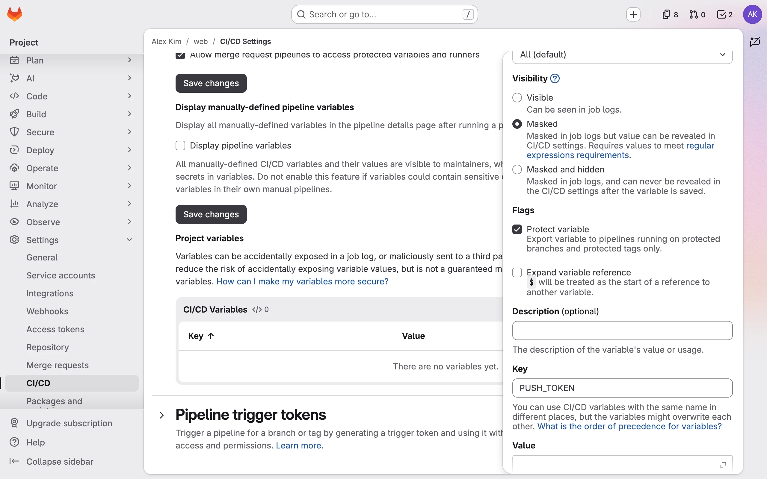 GitLab's Add variable form with PUSH_TOKEN as the key, Masked visibility, and Protect variable selected