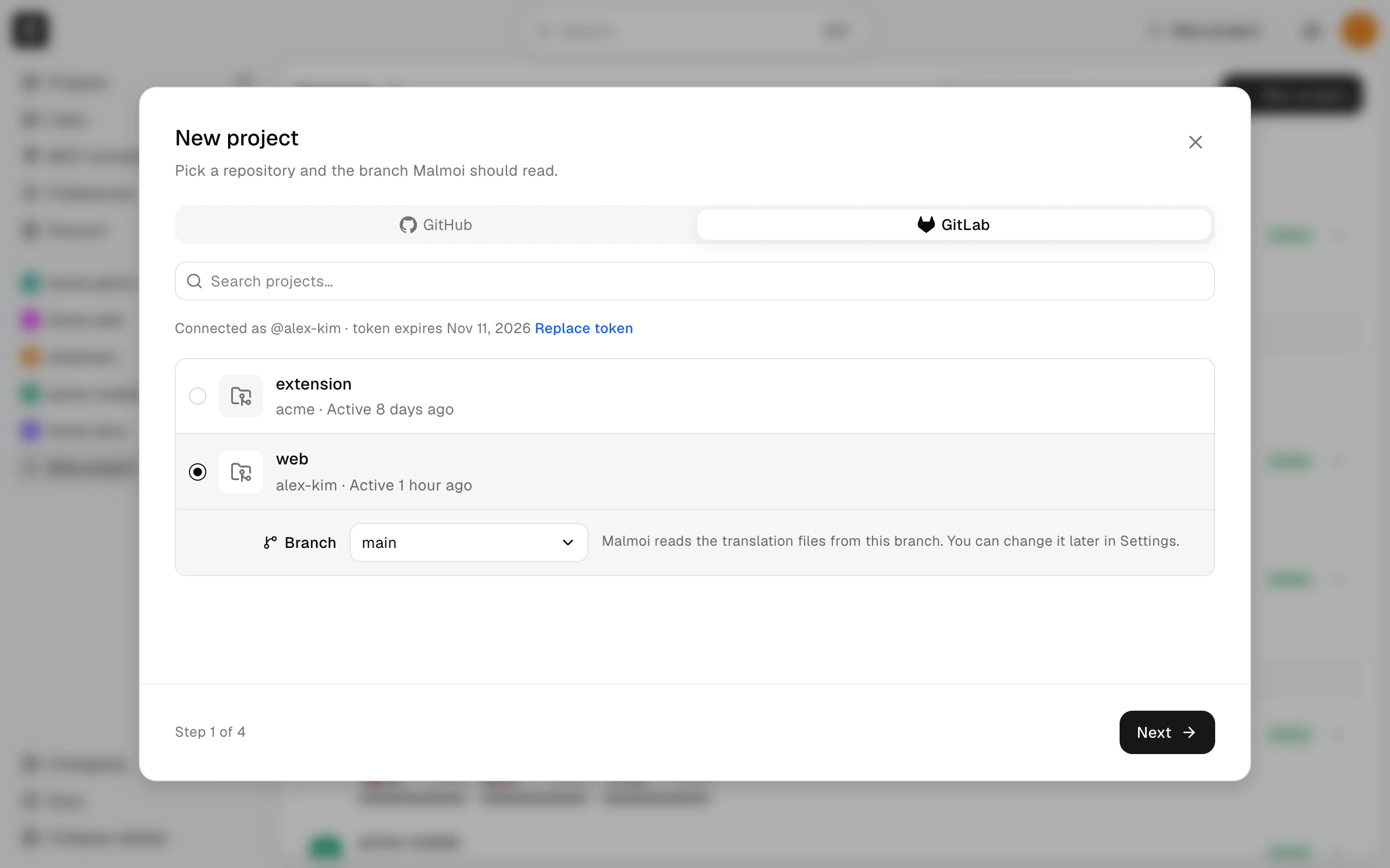 Step 1 of 4 of New project on the GitLab tab, with the connected account and token expiry above the list, a project selected, and main chosen as its branch