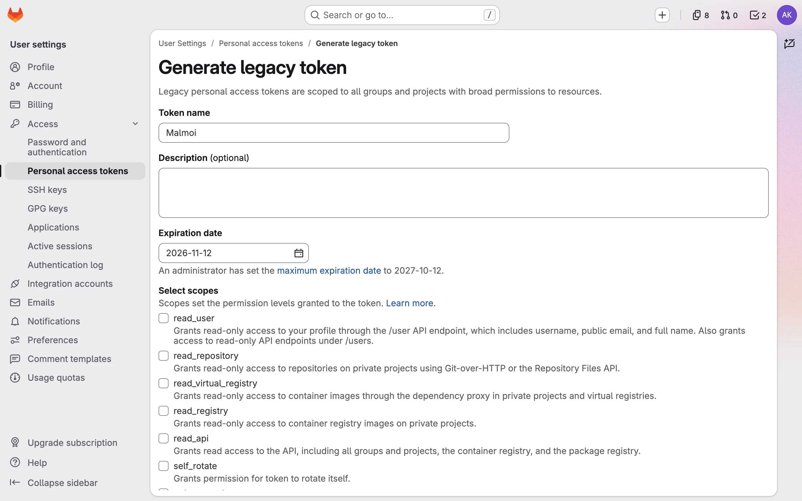 GitLab's Generate legacy token page with Malmoi filled in as the token name and an expiration date set