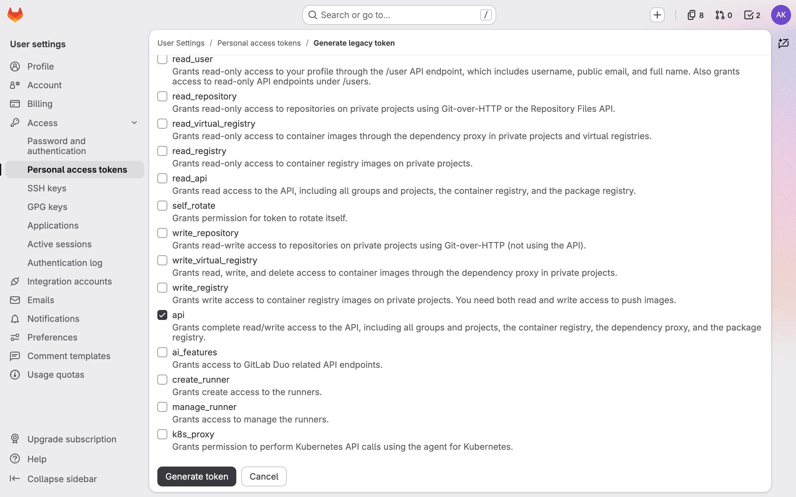The scope list on the same page with only api selected, above the Generate token button