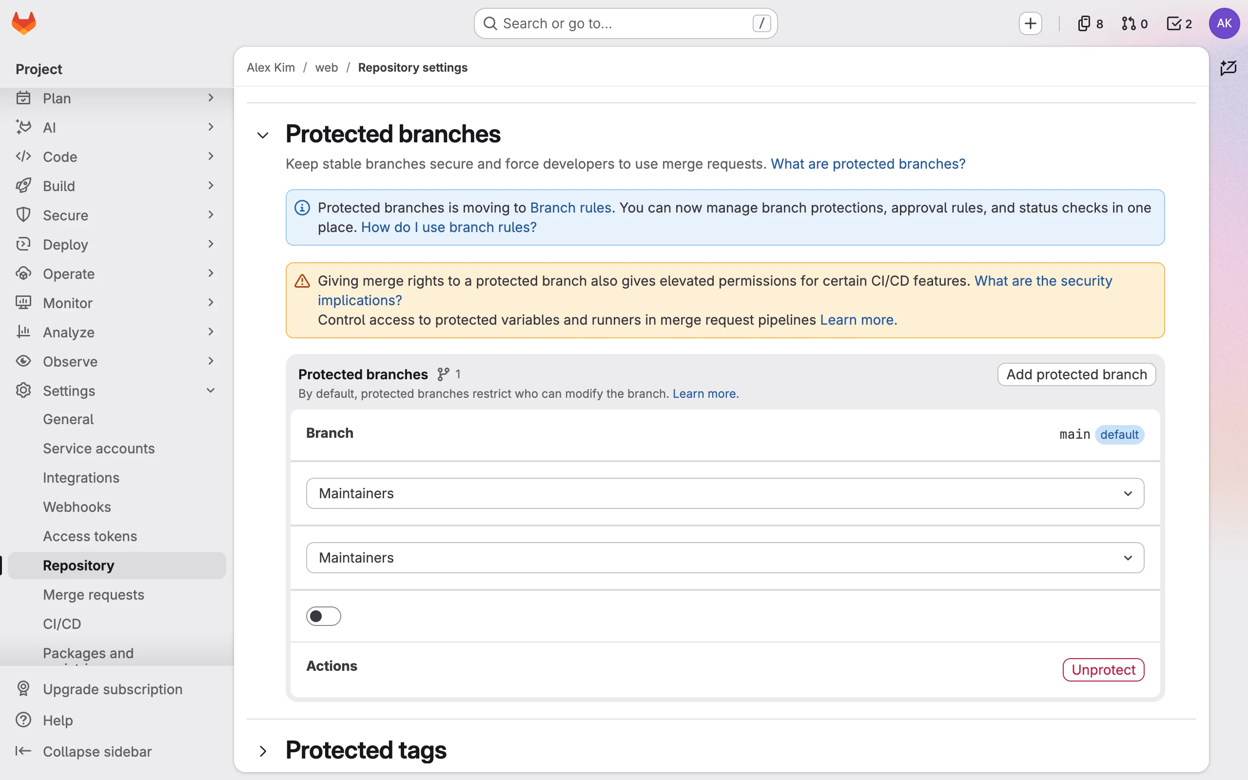 GitLab's Protected branches settings with the default branch main protected and Maintainers allowed to merge and push
