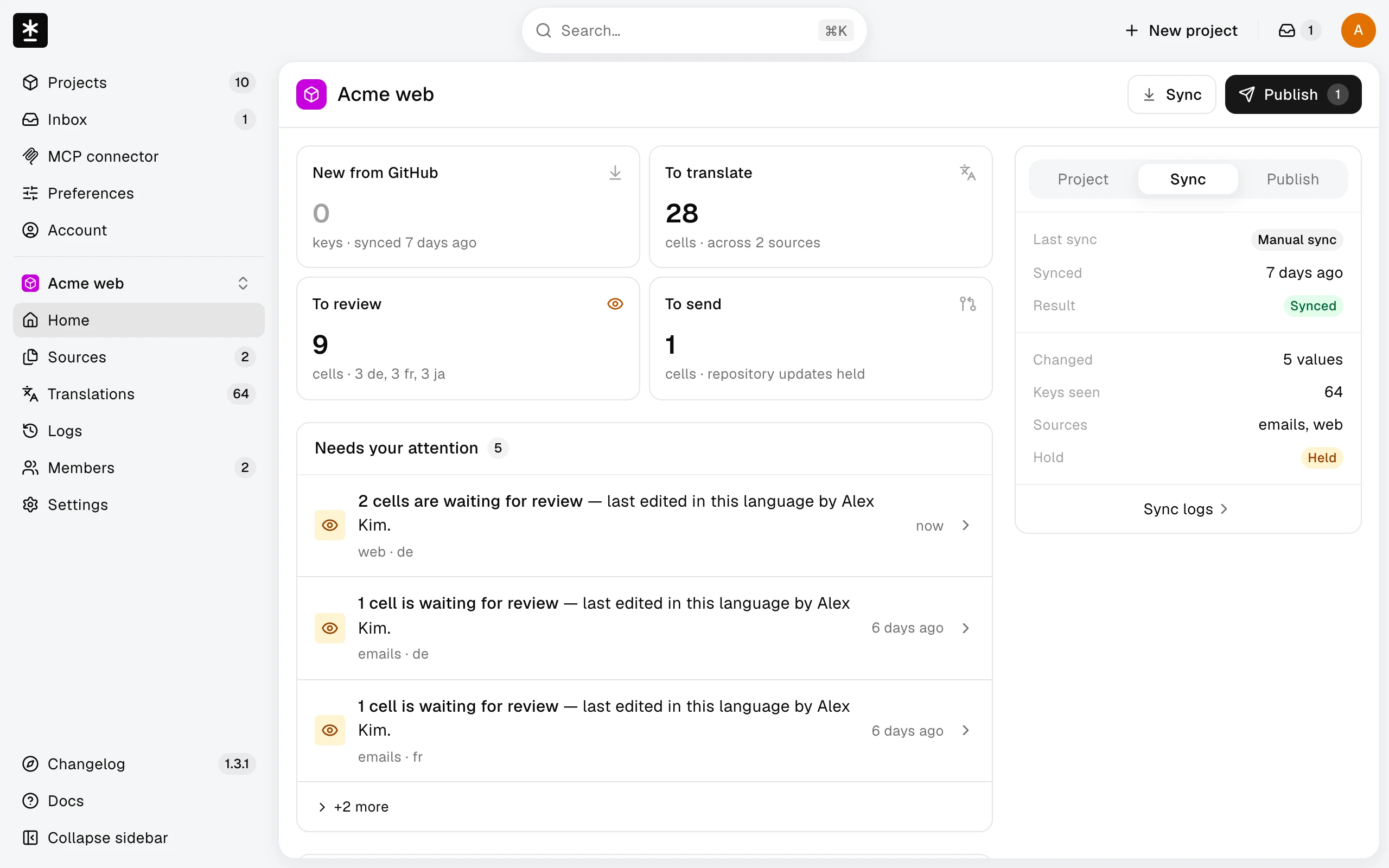 A project's Home with one unsent edit to send and a note that repository updates are held