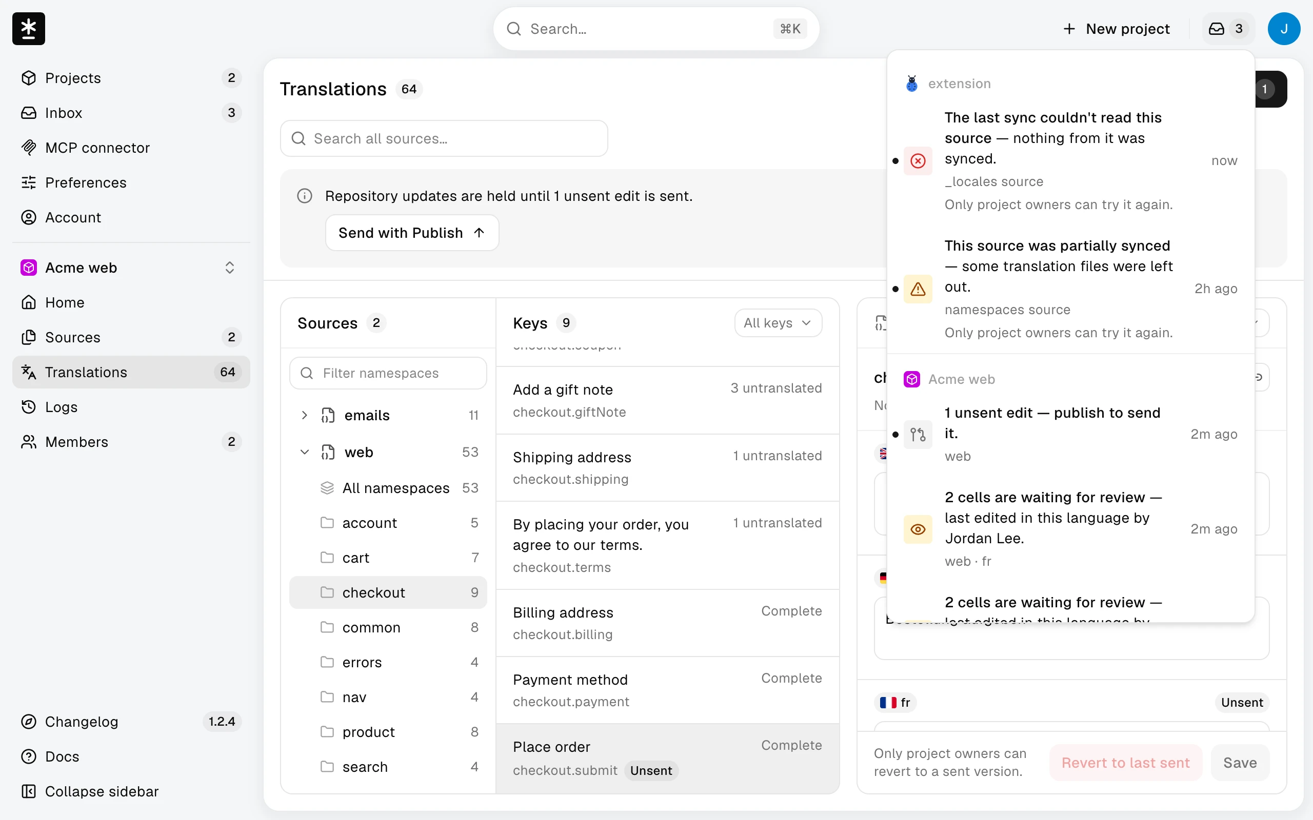 The inbox open at the top right, with items grouped by project: a failed sync and a partial sync, then an unsent edit and text waiting for review