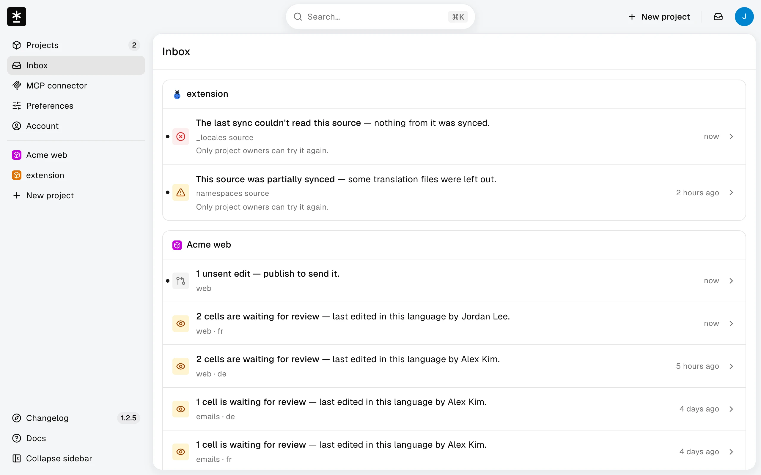 The Inbox page, with one card per project: a failed sync and a partial sync marked as new, then an unsent edit and text waiting for review