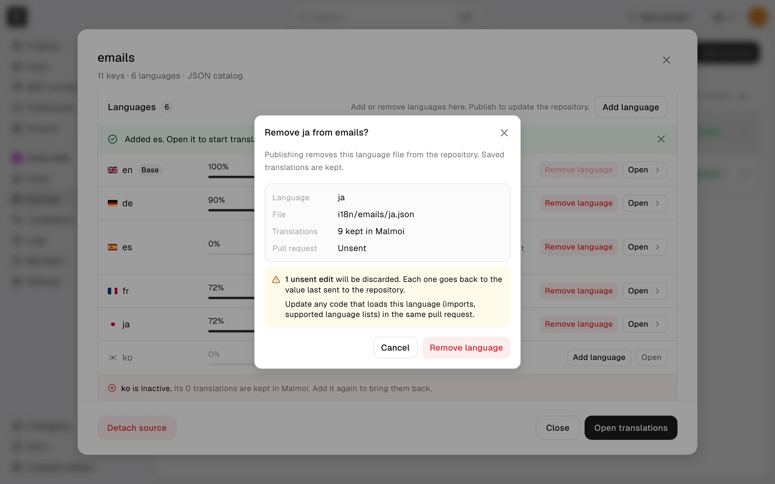The Remove ja from emails? confirmation listing the language, its file, the translations kept, and the pull request status, with a warning that 1 unsent edit will be discarded