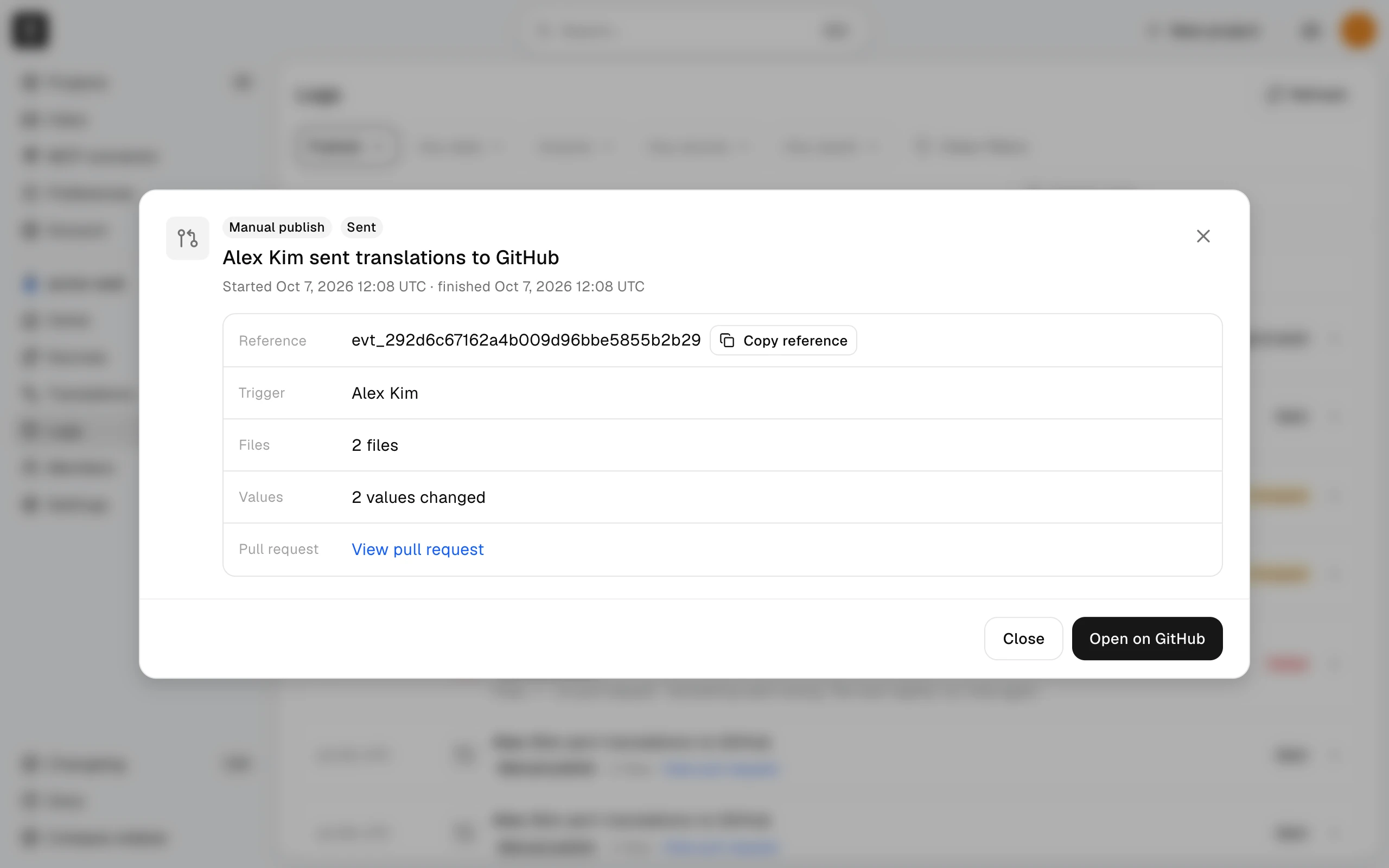 An event opened from Logs: a Publish run that sent two files to GitHub, with its trigger and a link to the pull request