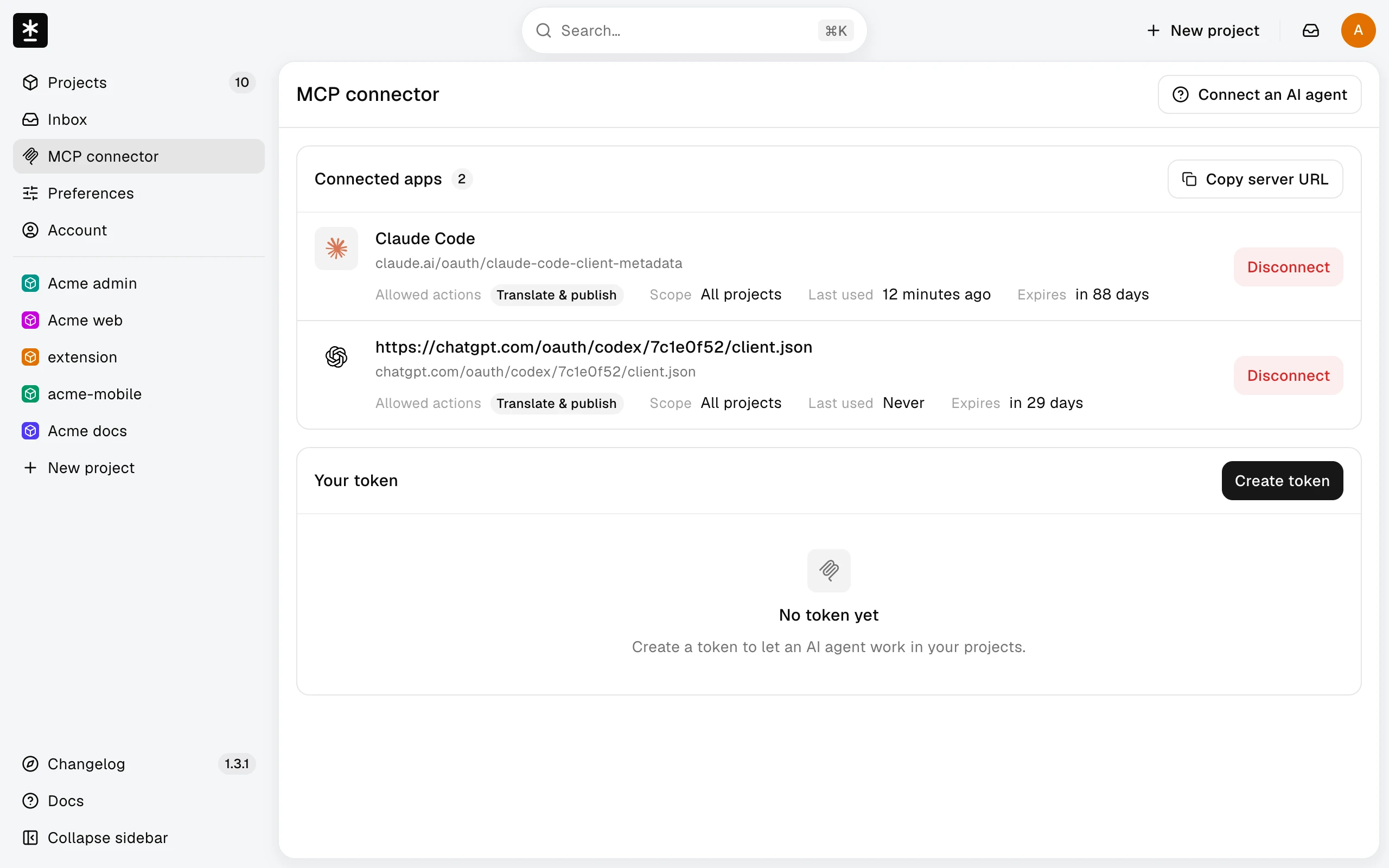 The MCP connector page with two connected apps, Claude Code and a Codex app shown by its address, each with its allowed actions, scope, last use, expiry, and a Disconnect button, above the personal token card