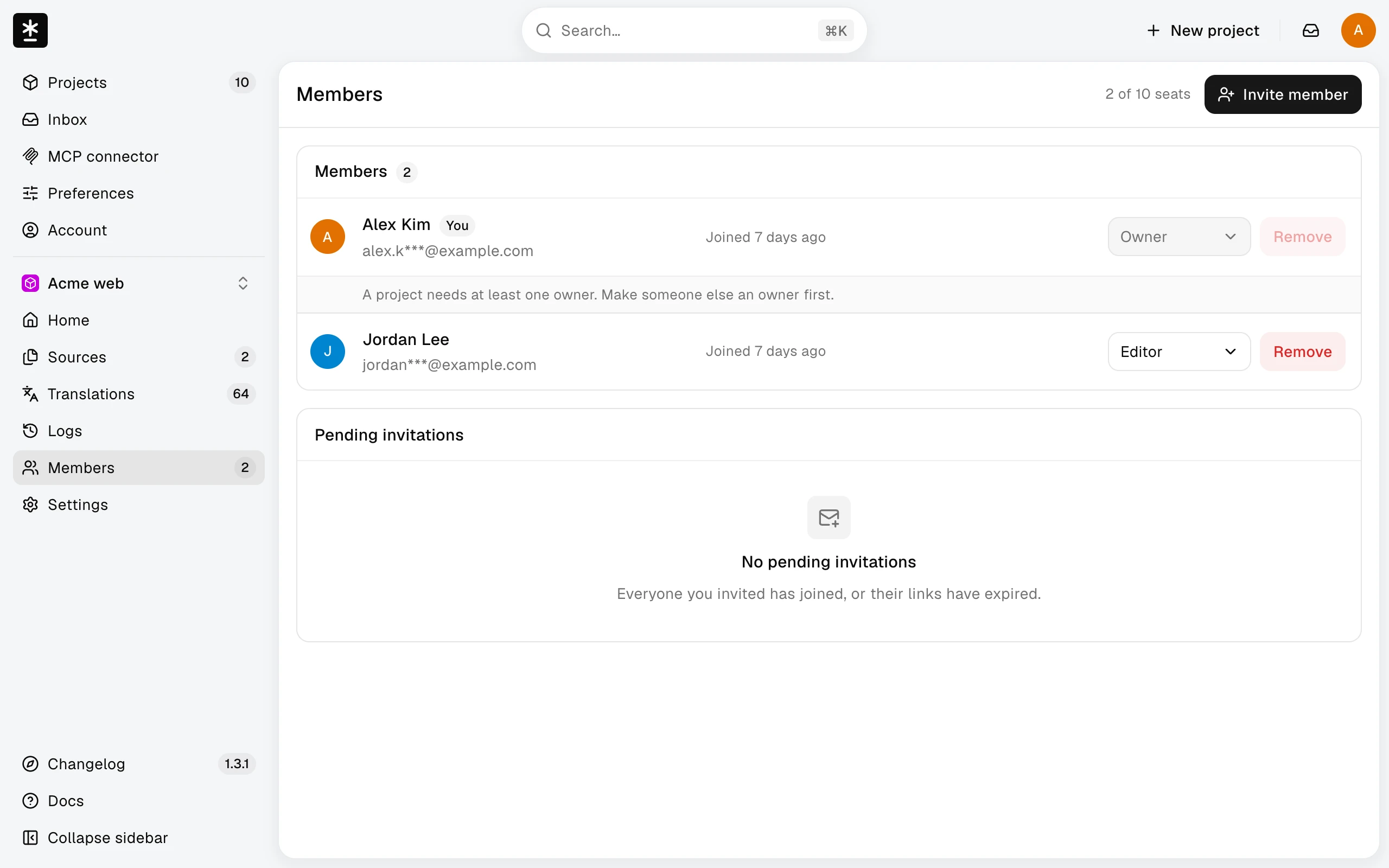 The Members list with an Owner and an Editor, each with a role menu and a Remove button, above an empty list of pending invitations