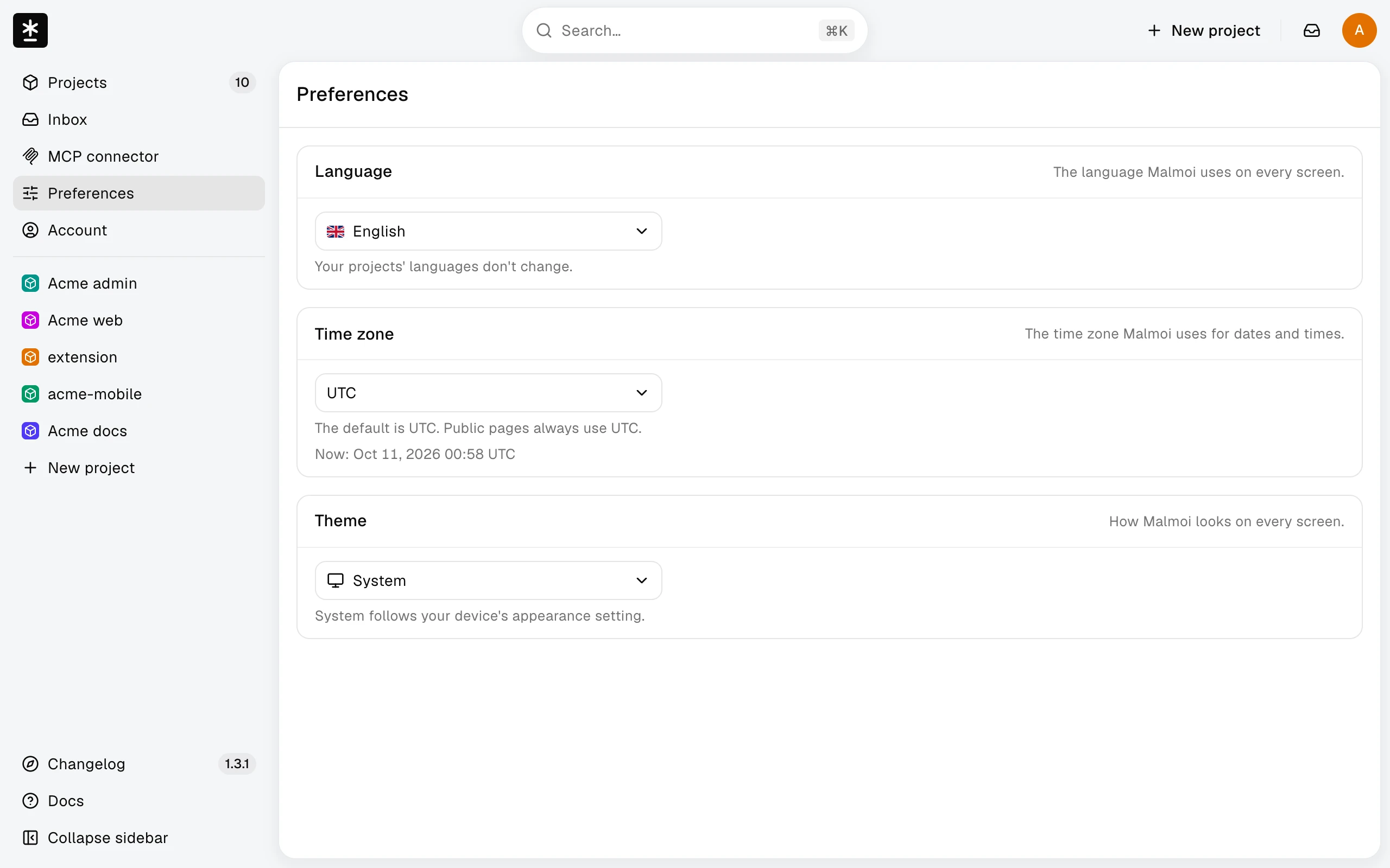 The Preferences page with the Language card set to English