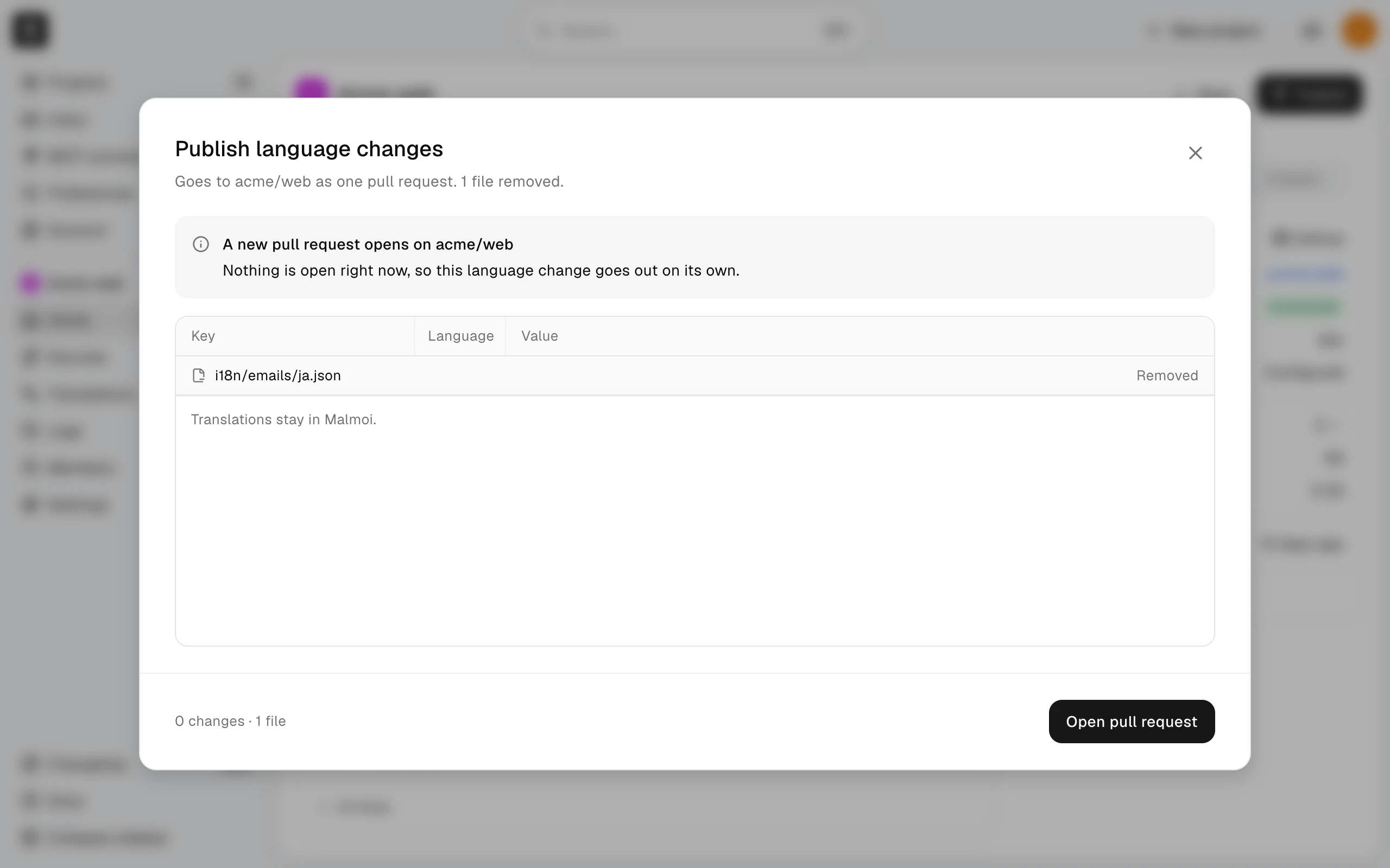 The Publish language changes preview with one file, i18n/emails/ja.json, headed Removed, and an Open pull request button