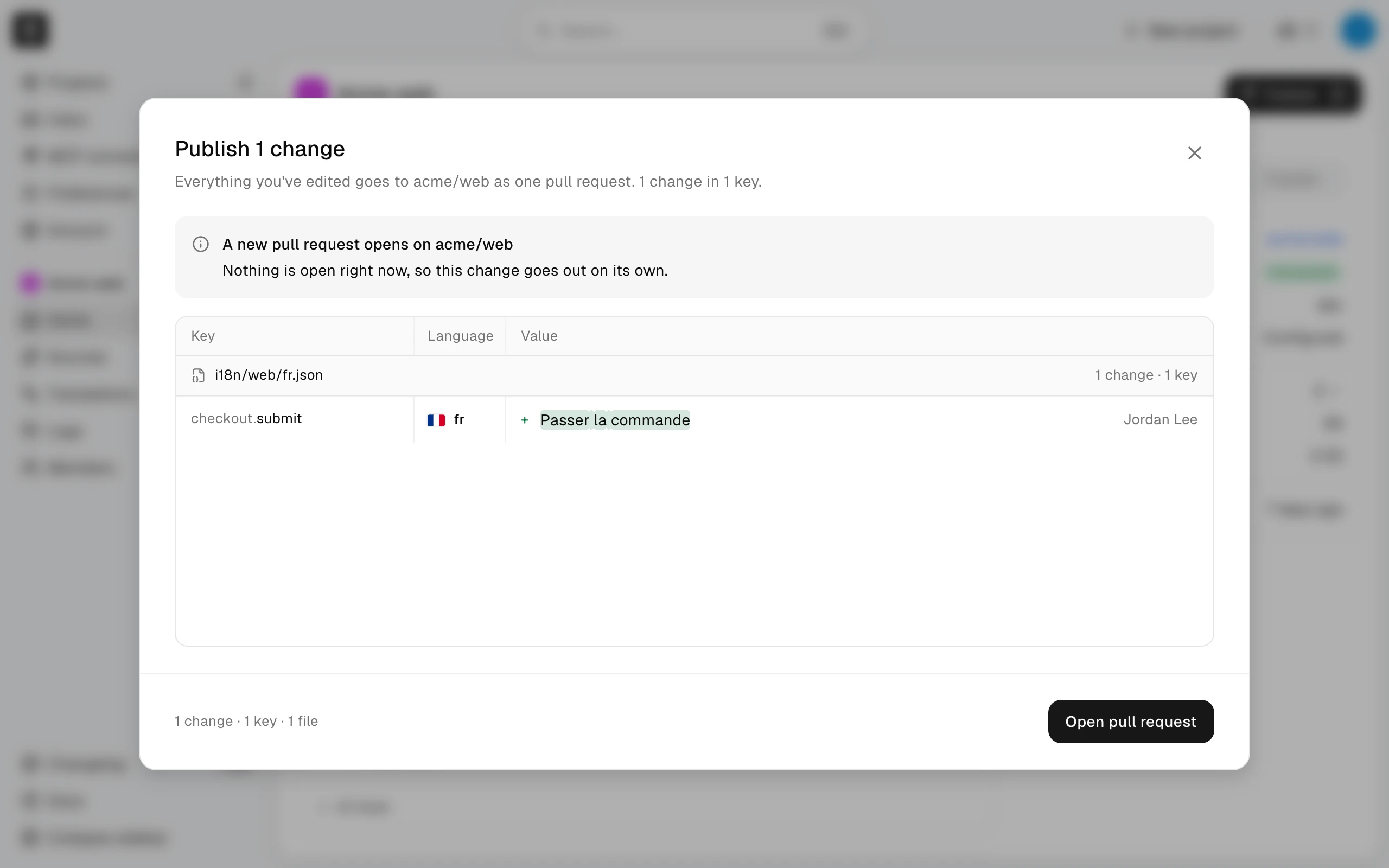 The Publish preview listing one changed value, the language, and a button that opens a new pull request