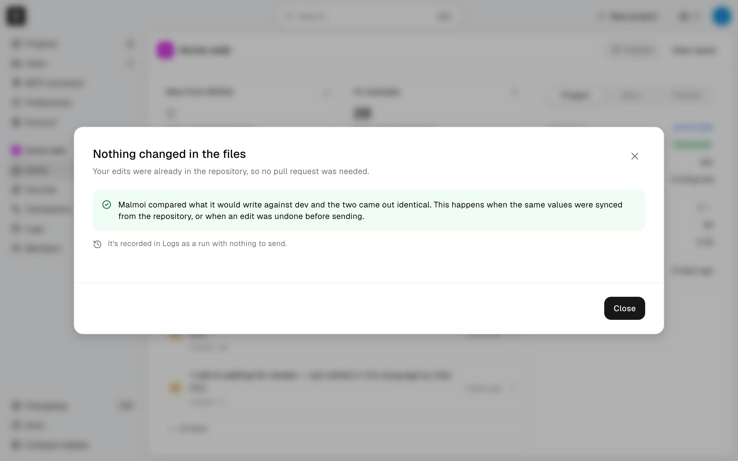 The Publish result saying nothing changed in the files because the edits were already in the repository