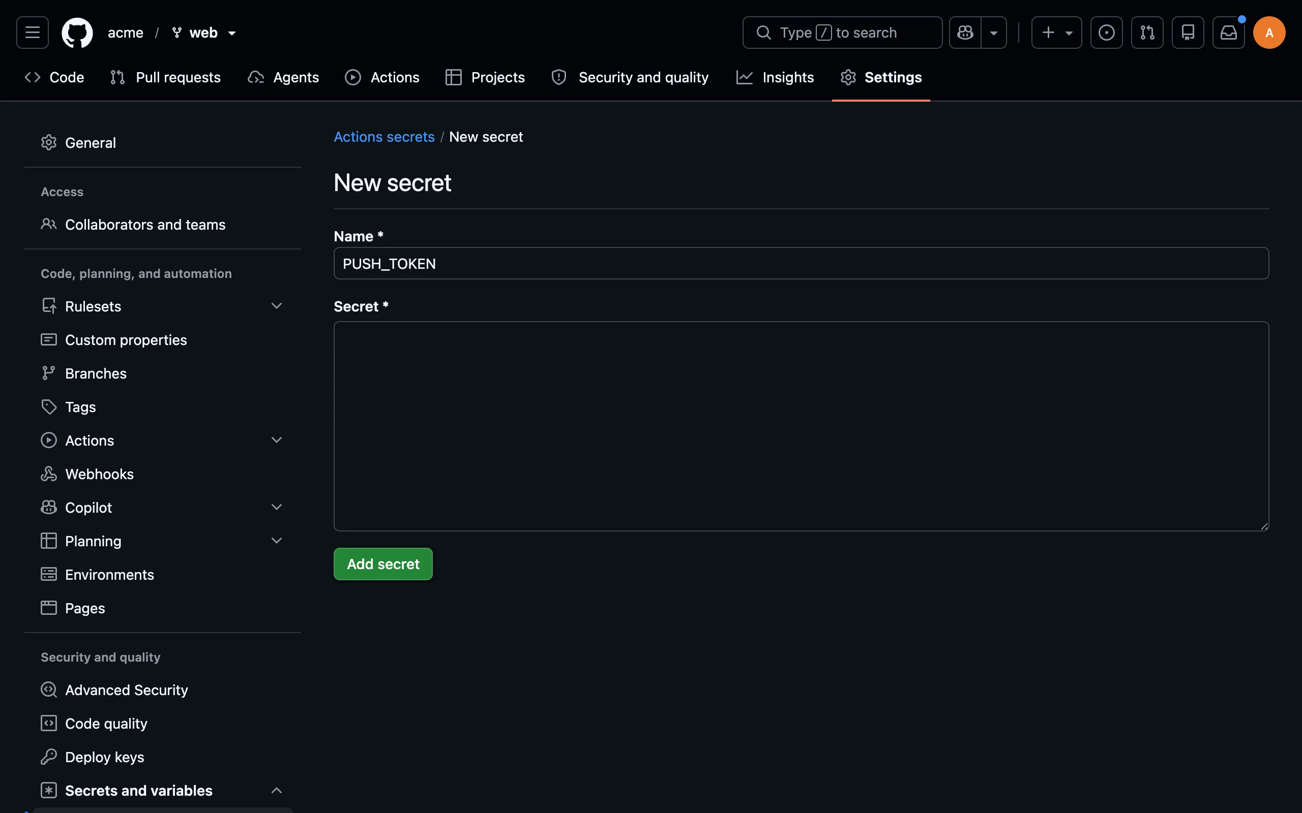 GitHub's new secret form with PUSH_TOKEN entered as the name and an empty secret field