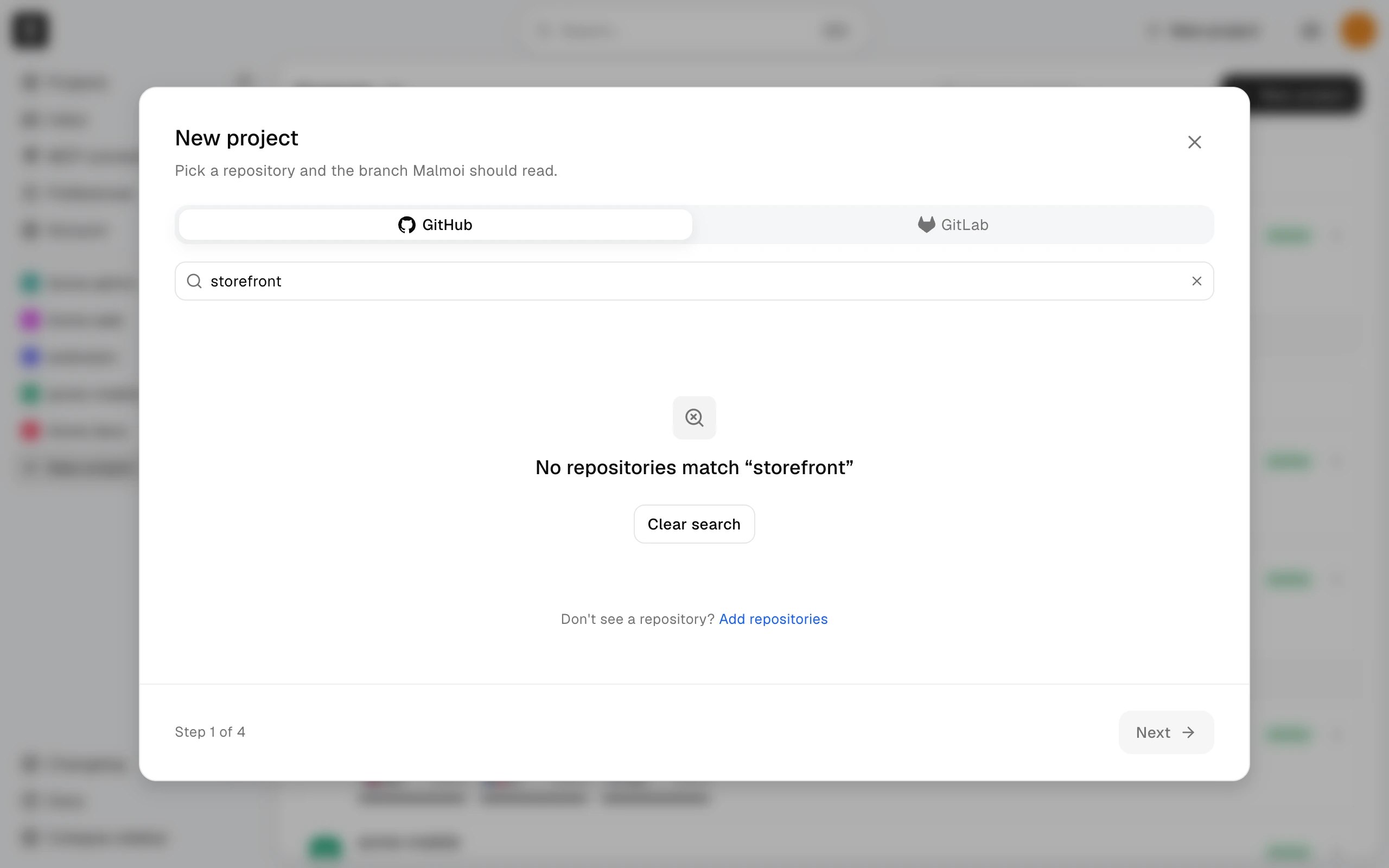 Step 1 of 4 of New project with a search that matches no repositories, a Clear search button, and the Add repositories link below