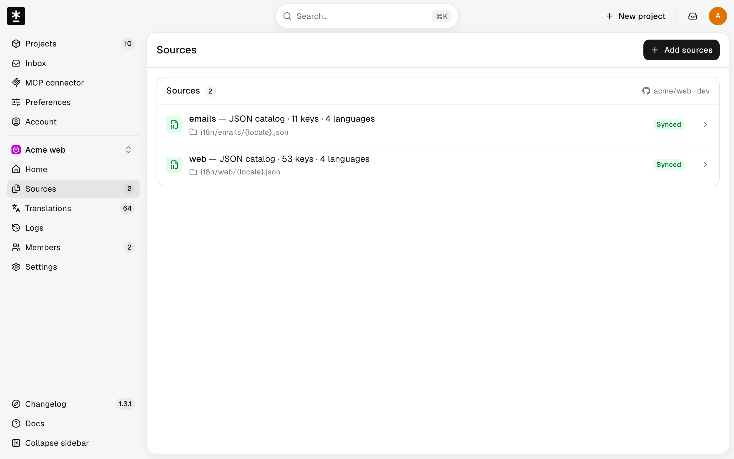The Sources page listing two synced sources with their file paths, key counts, and languages