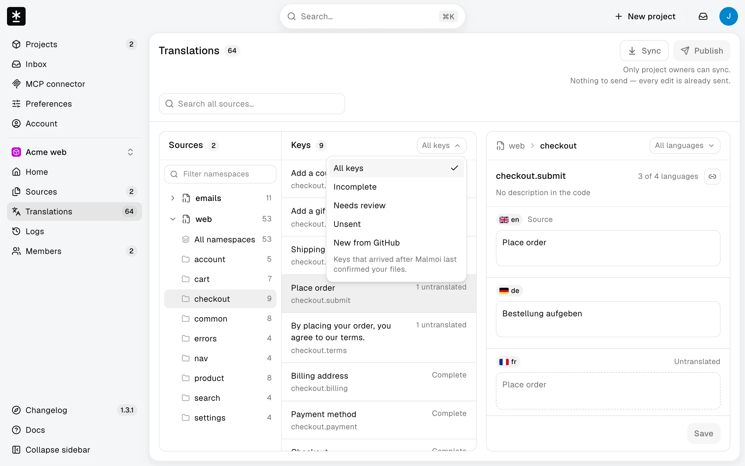 The translation screen with the filter open, listing All keys, Incomplete, Needs review, Unsent, and New from GitHub