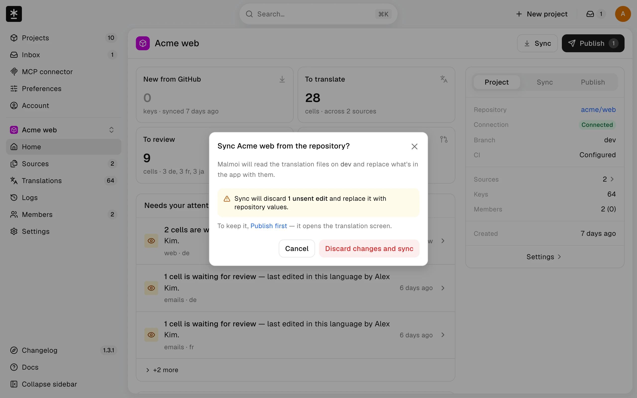 The Sync confirmation warning that one unsent edit will be discarded, with a Discard changes and sync button