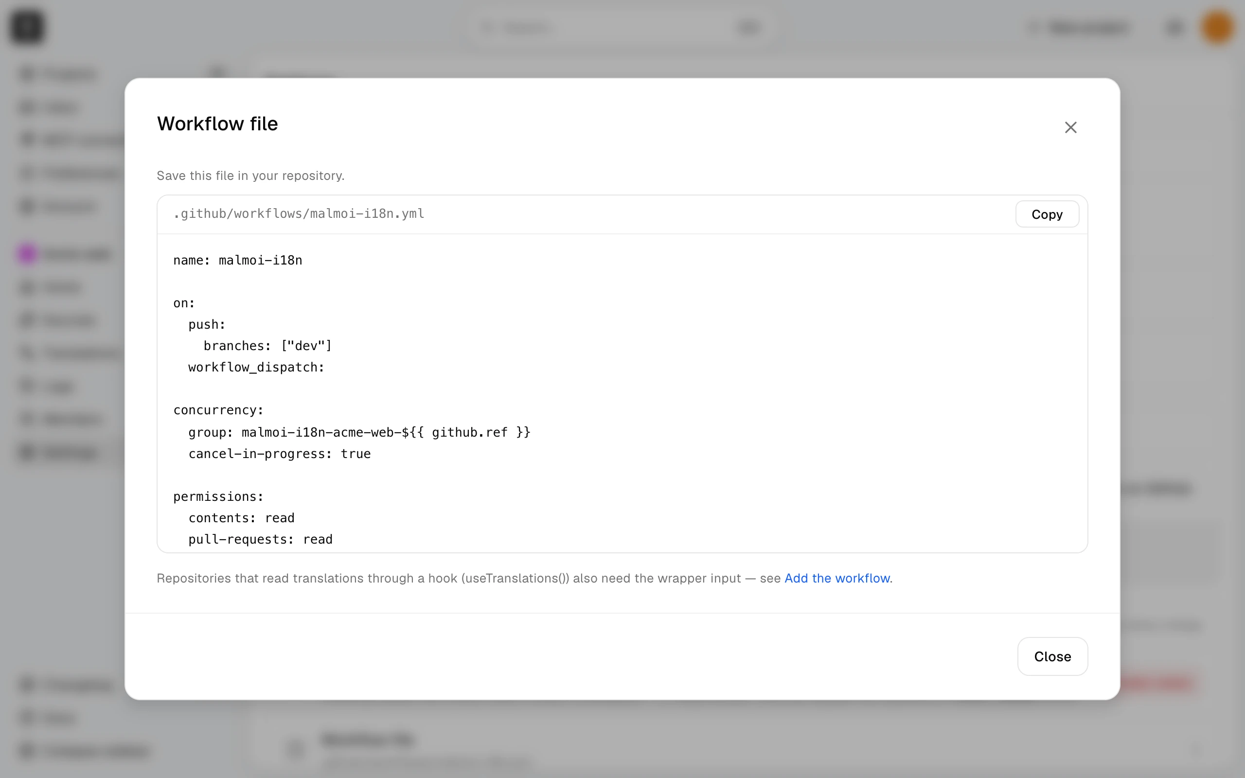The Workflow file dialog in Malmoi Settings showing the generated YAML and a Copy button